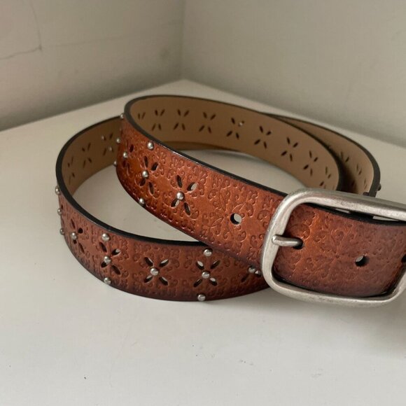 Leather Embossed Studded Cutout Floral Belt Women's Brown Wester Country Casual - Picture 4 of 10